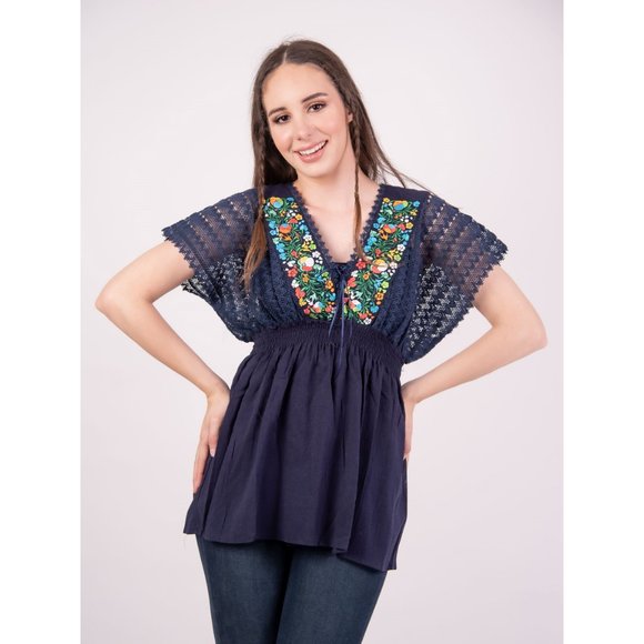 Mexican Floral Embroidered V-neck Top Navy OneSize - Picture 4 of 4